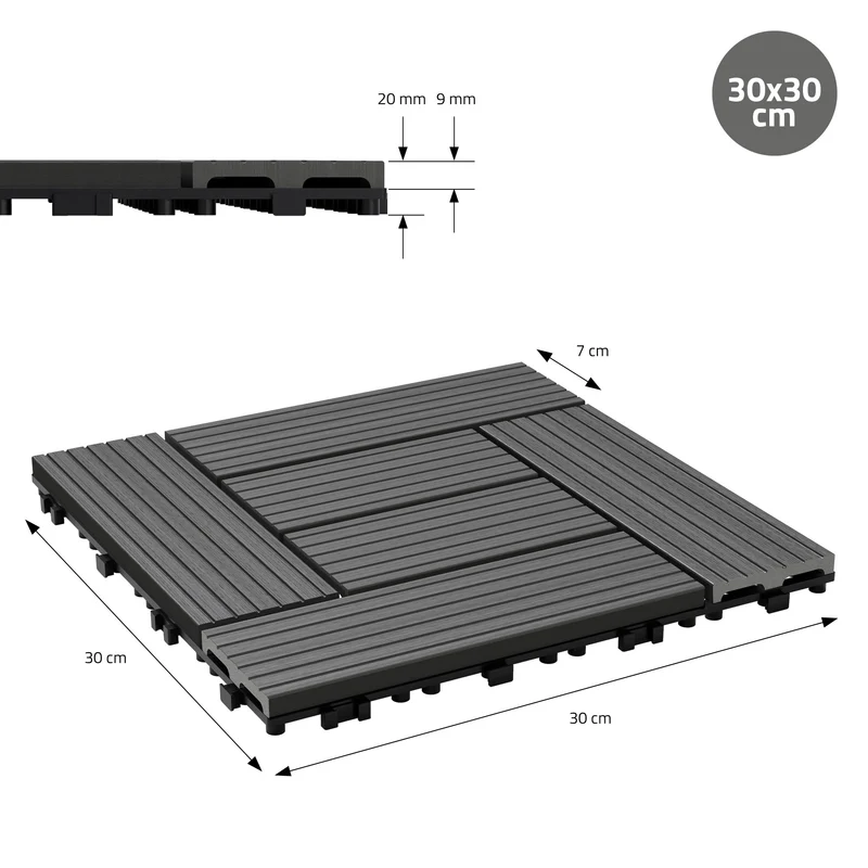 WPC Terrassenfliesen 30x30 cm 33er Set für 3m² Anthrazit in Holzoptik Mosaik mit Drainage und Klicksystem