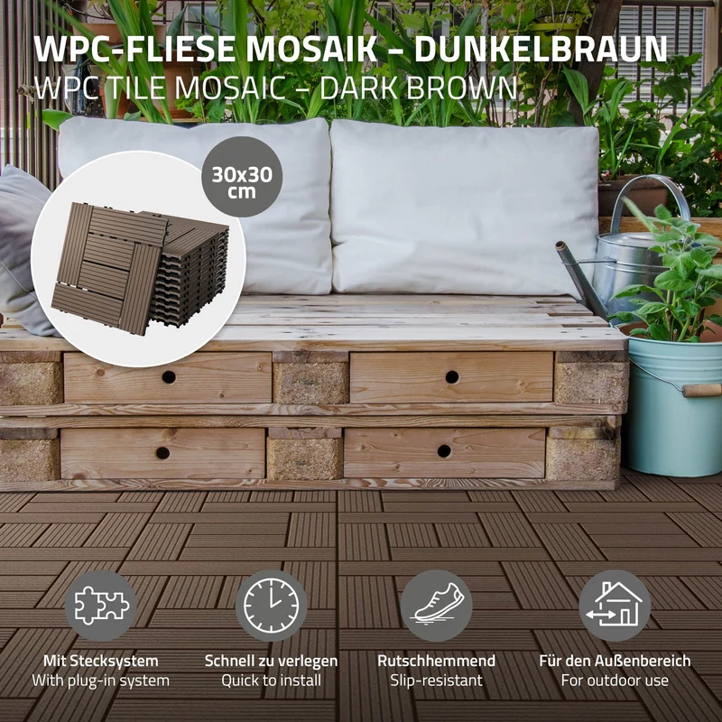 WPC Terrassenfliesen 30x30 cm 33er Set für 3m² Dunkelbraun in Holzoptik Mosaik mit Drainage und Klicksystem