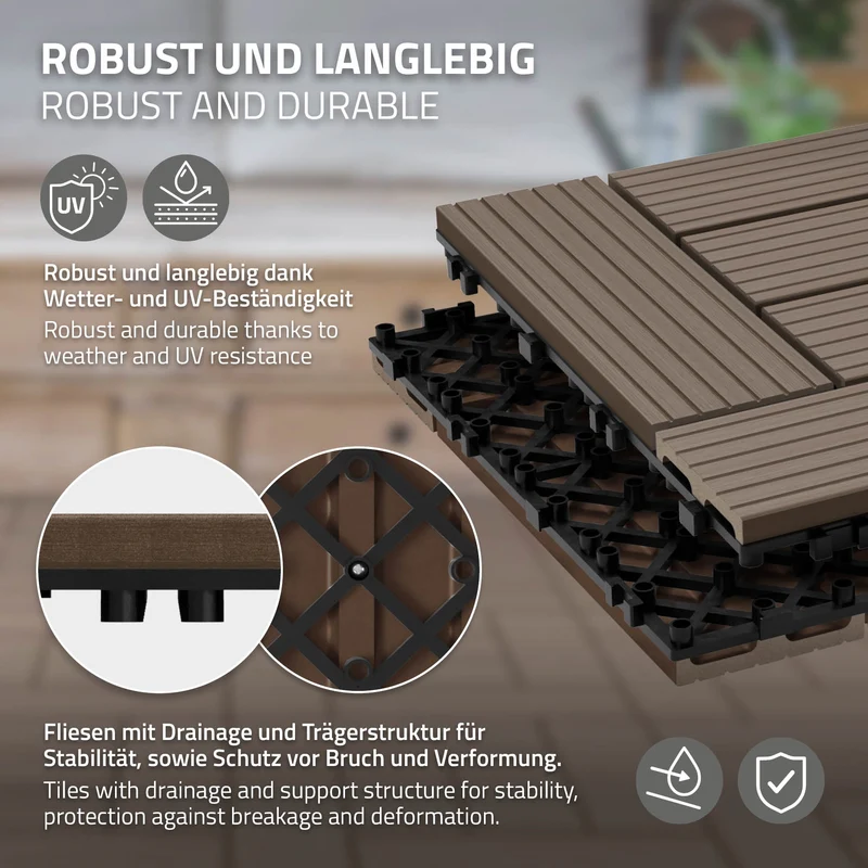 WPC Terrassenfliesen 30x30 cm 33er Set für 3m² Dunkelbraun in Holzoptik Mosaik mit Drainage und Klicksystem
