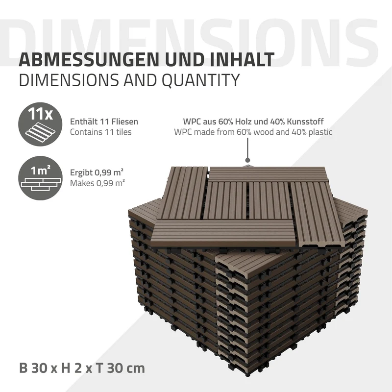WPC Terrassenfliesen 30x30 cm 22er Set für 2m² Dunkelbraun in Holzoptik Mosaik mit Drainage und Klicksystem