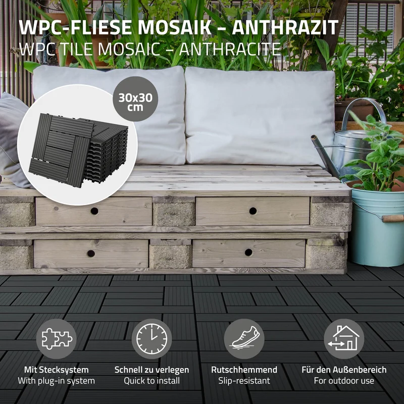 WPC Terrassenfliesen 30x30 cm 11er Set für 1m² Hellbraun in Holzoptik Mosaik mit Drainage und Klicksystem