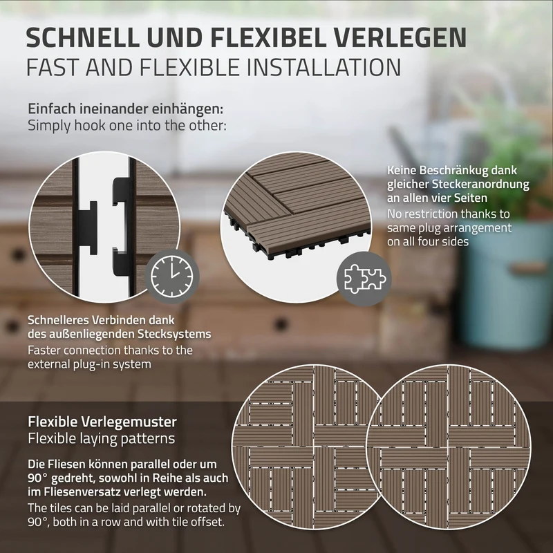 WPC Terrassenfliesen 30x30 cm 11er Set für 1m² Dunkelbraun in Holzoptik Mosaik mit Drainage und Klicksystem