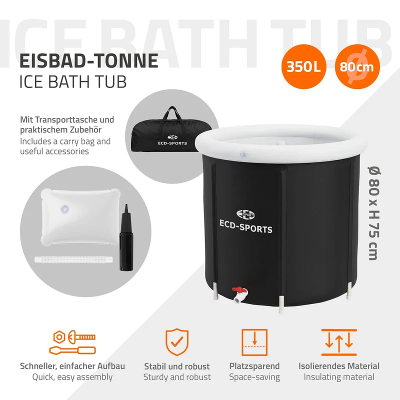 Eisbad Ø80 cm, Eistonne mit Isolierung, Komplettset, 350L Eisfass Tonne für Eisbaden, Kältetherapie & Regeneration, Faltbare