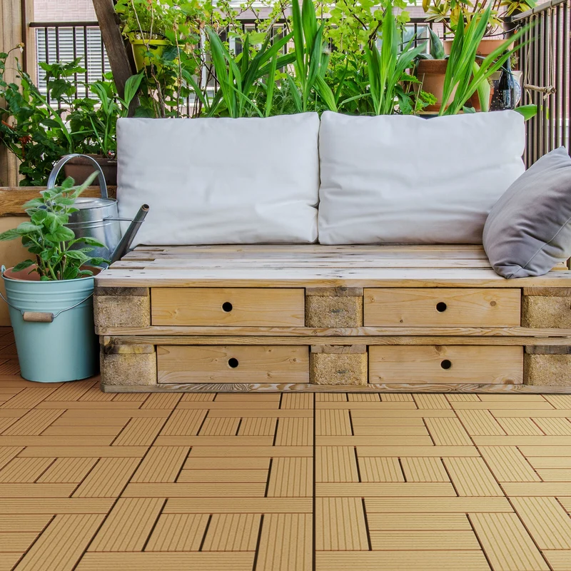 WPC Terrassenfliesen 30x30 cm 22er Set für 2m² Teak in Holzoptik Mosaik mit Drainage und Klicksystem