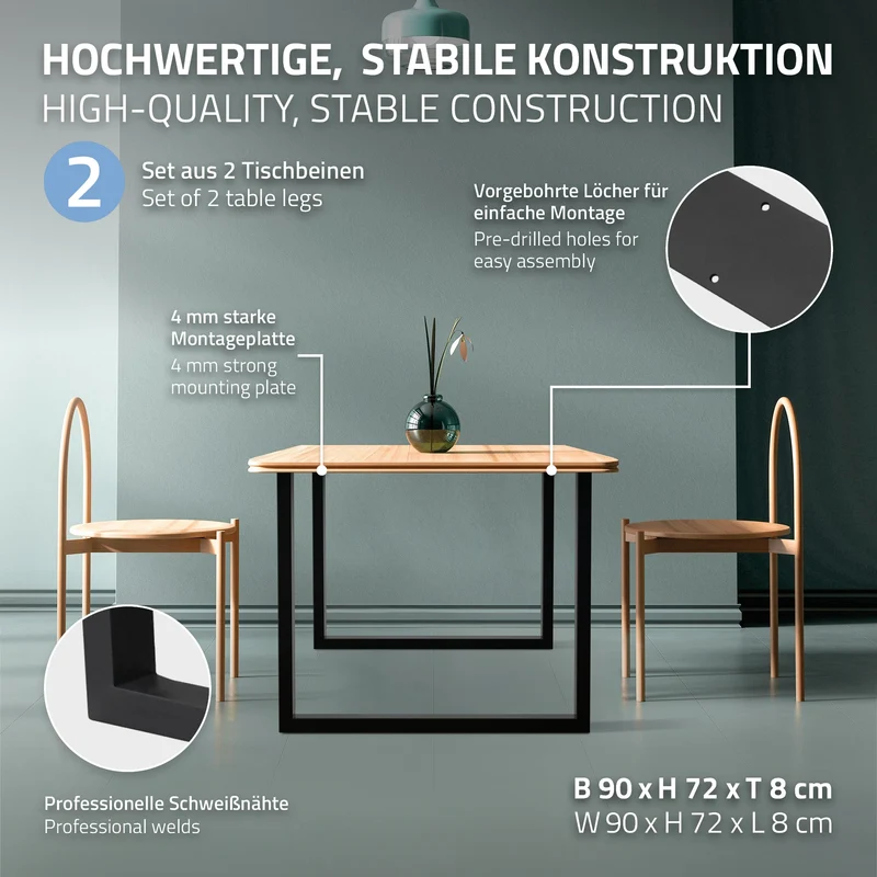 2x Tischbeine Tischkufen aus Vierkantprofilen 90x72 cm,Schwarz pulverbeschichtete Stahl