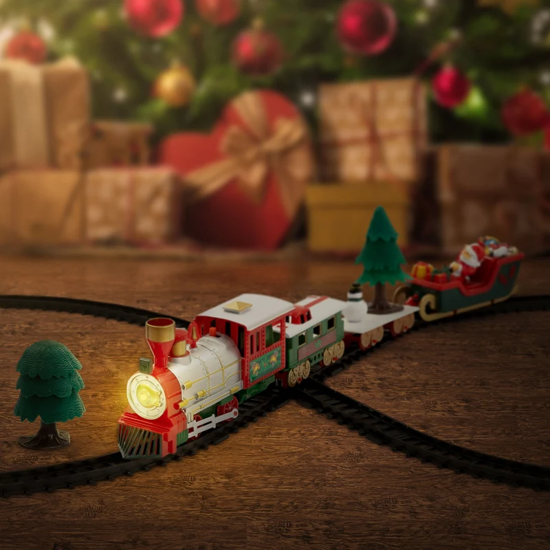 ECD Germany | Weihnachtszug Set 22 Teile batteriebetrieben mit Licht & Sound, Weihnachtsdeko, Eisenbahn für Weihnachtsbaum, Weihnachtsbahngleise