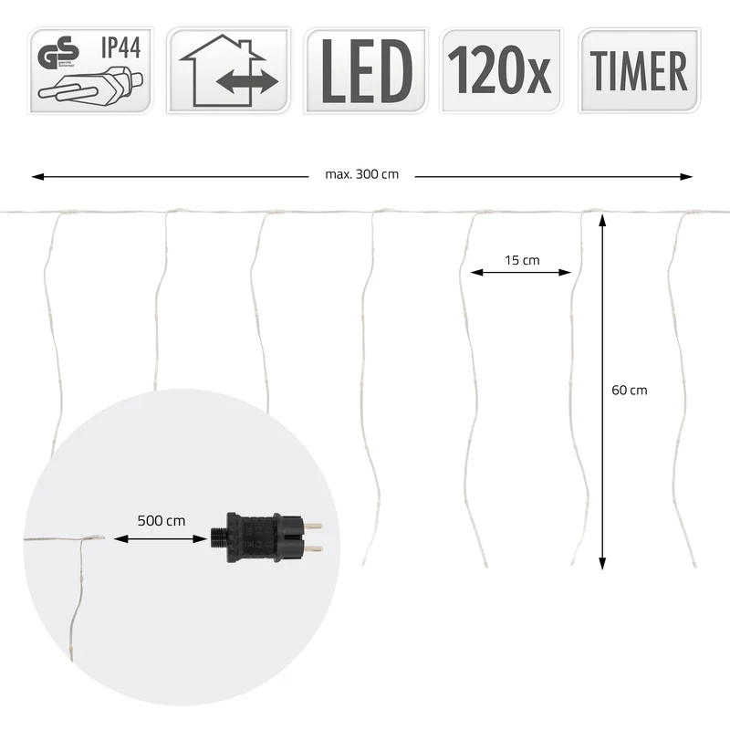 LED Lichtervorhang 3 m mit 120 LEDs Warmweiß IP44 Timer