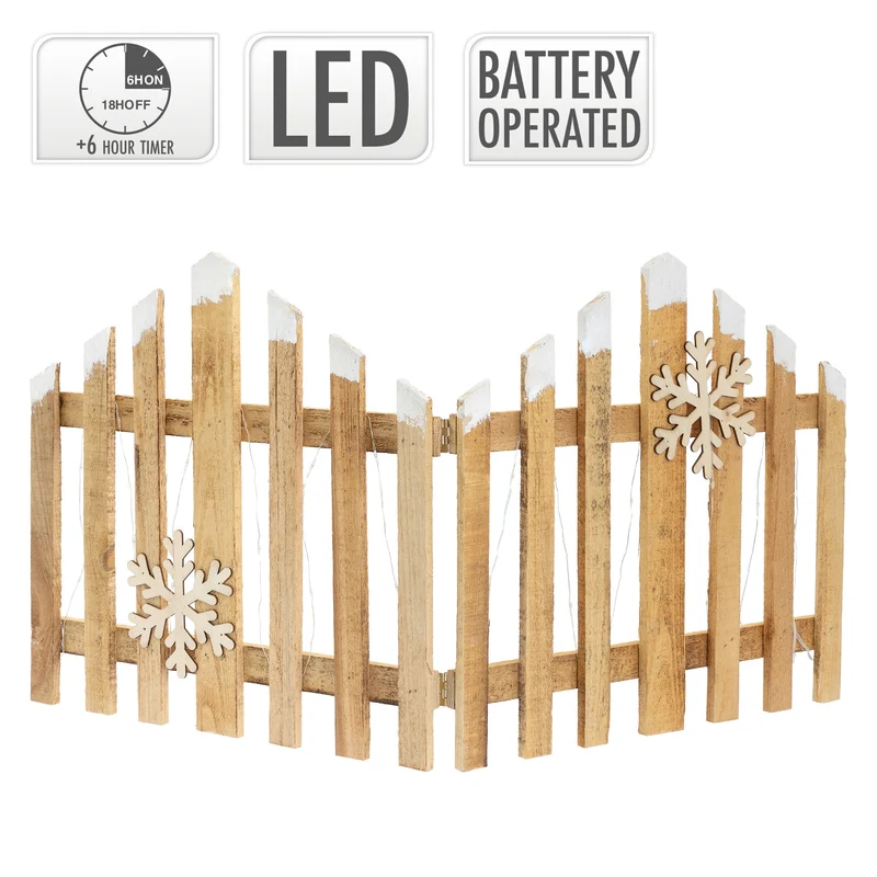 Deko Weihnachtszaun mit LED Natur 77x38 cm aus Holz Timer