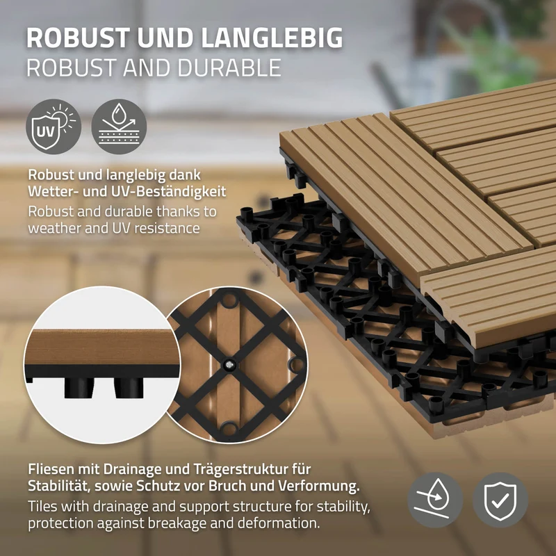 WPC Terrassenfliesen 30x30 cm 55er Set für 5m² Teak in Holzoptik Mosaik mit Drainage und Klicksystem