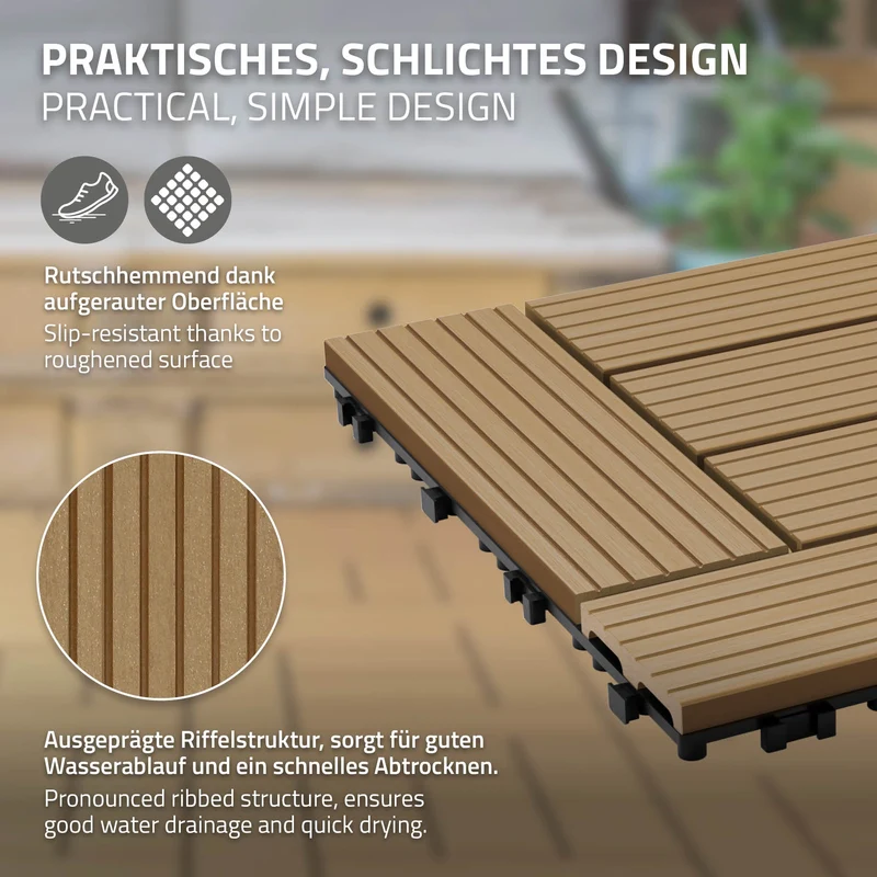 WPC Terrassenfliesen 30x30 cm 55er Set für 5m² Teak in Holzoptik Mosaik mit Drainage und Klicksystem
