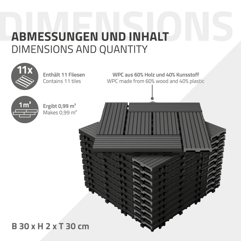WPC Terrassenfliesen 30x30 cm 55er Set für 5m² Anthrazit in Holzoptik Mosaik mit Drainage und Klicksystem