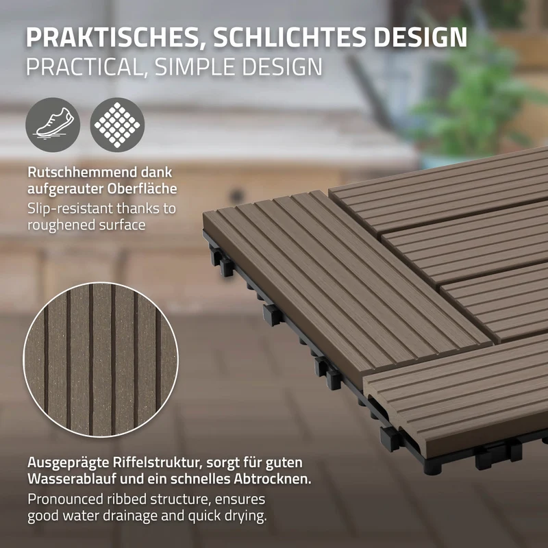 WPC Terrassenfliesen 30x30 cm 55er Set für 5m² Dunkelbraun in Holzoptik Mosaik mit Drainage und Klicksystem