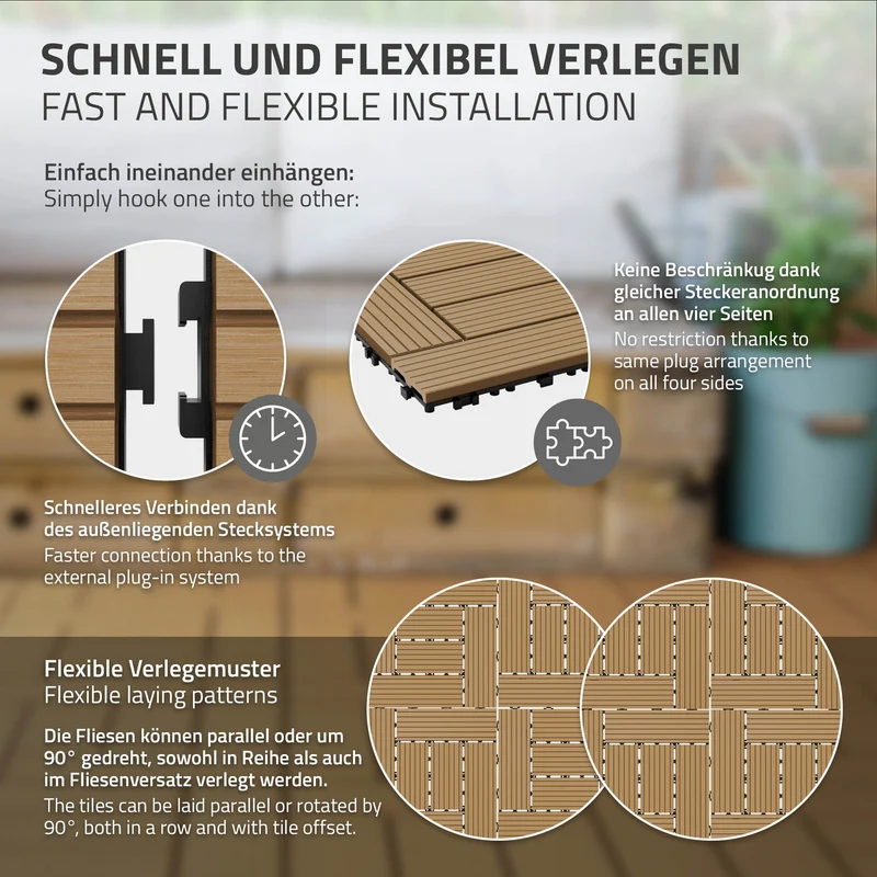 WPC Terrassenfliesen 30x30 cm 33er Set für 3m² Teak in Holzoptik Mosaik mit Drainage und Klicksystem