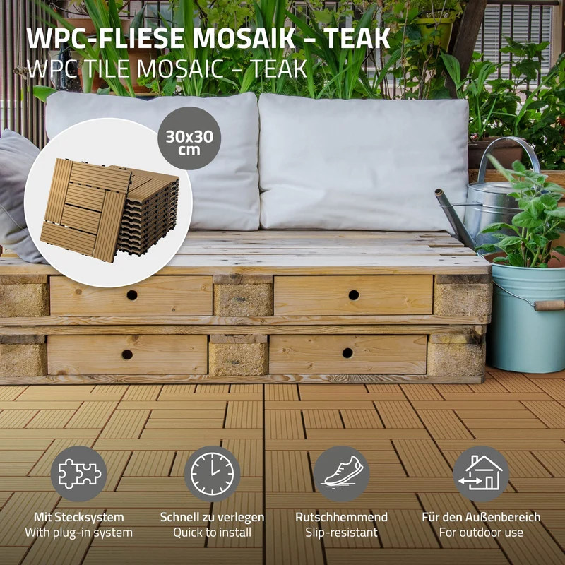 WPC Terrassenfliesen 30x30 cm 11er Set für 1m² Teak in Holzoptik Mosaik mit Drainage und Klicksystem