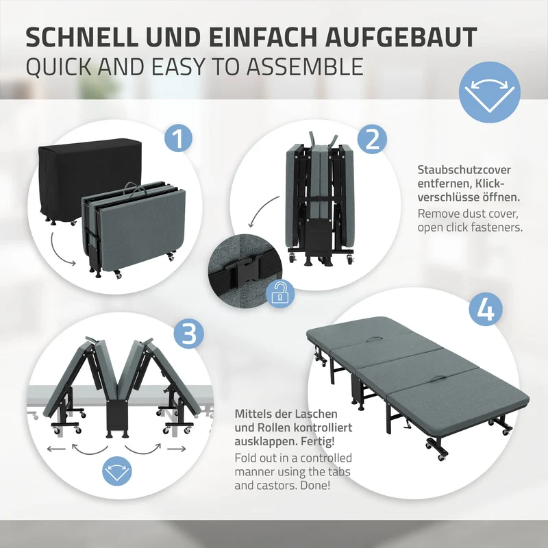 Klappbares Gästebett 80x190 cm mit Matratze rollbar für Kinder & Erwachsene bis 200kg belastbar