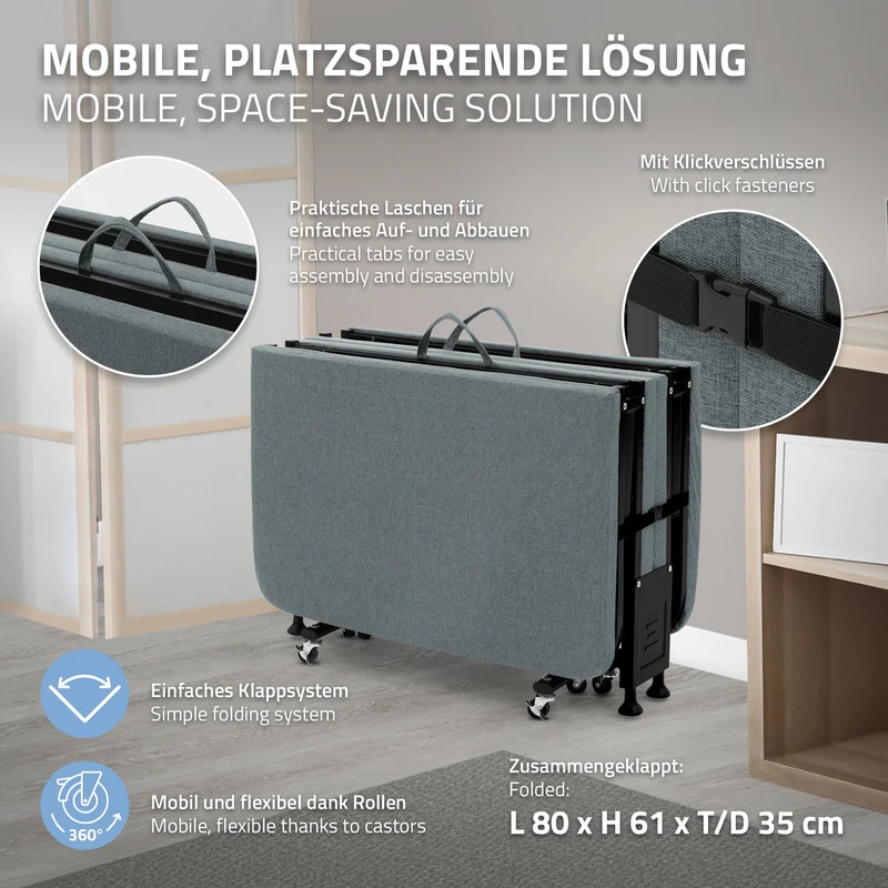 Klappbares Gästebett 80x190 cm mit Matratze rollbar für Kinder & Erwachsene bis 200kg belastbar