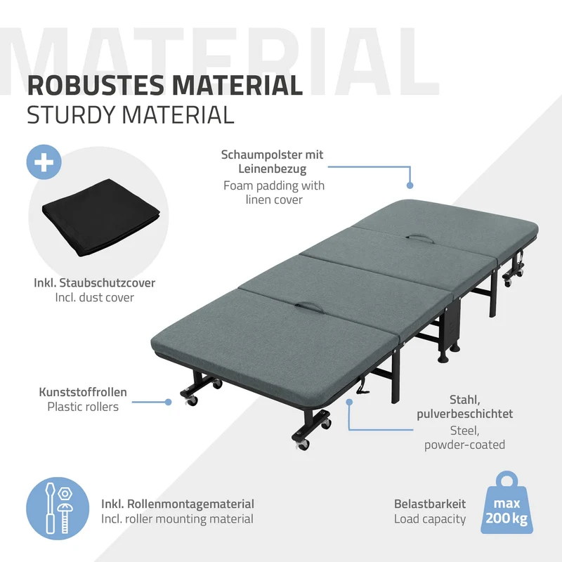 Klappbares Gästebett 80x190 cm mit Matratze rollbar für Kinder & Erwachsene bis 200kg belastbar