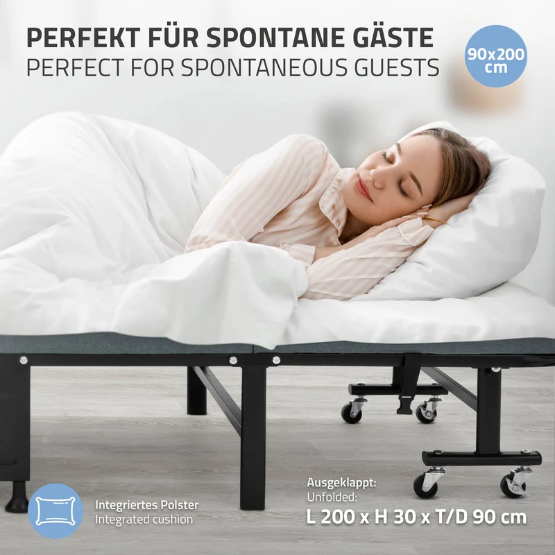Klappbares Gästebett 90x200 cm mit Matratze, rollbar, für Kinder & Erwachsene bis 200kg belastbar