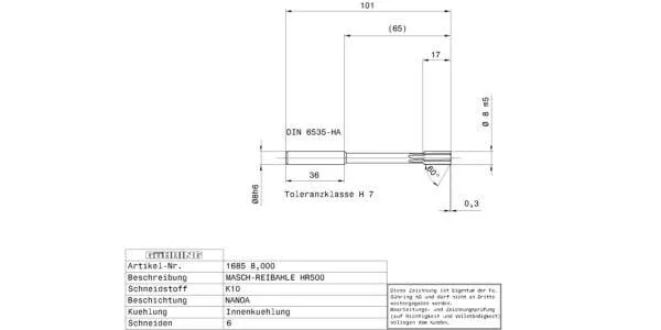Machine reamers / Ø 8.000 mm / H7 / Factory standard / Solid carbide / TiAlN-nanoA