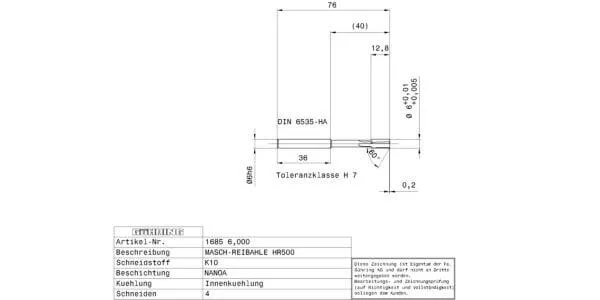 Machine reamers / Ø 6.000 mm / H7 / Factory standard / Solid carbide / TiAlN-nanoA