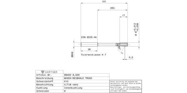 Machine reamers / Ø 8,000 mm / H7 / Factory standard / Solid carbide / AlTiN nano