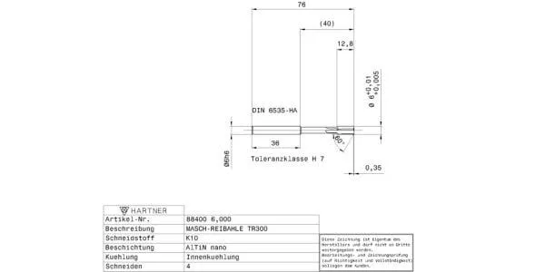 Machine reamers / Ø 6,000 mm / H7 / Factory standard / Solid carbide / AlTiN nano