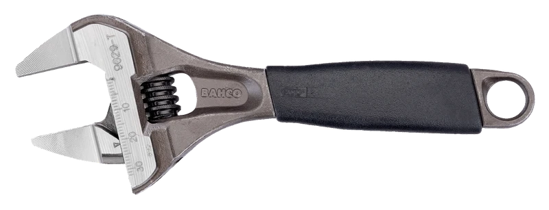 Wide-opening wrench with central nut and fine ERGO™ clamping jaw with rubber grip