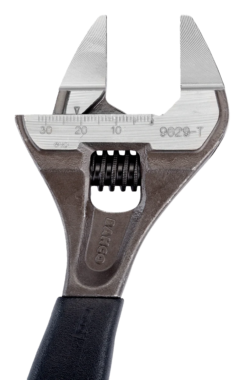 Wide-opening wrench with central nut and fine ERGO™ clamping jaw with rubber grip
