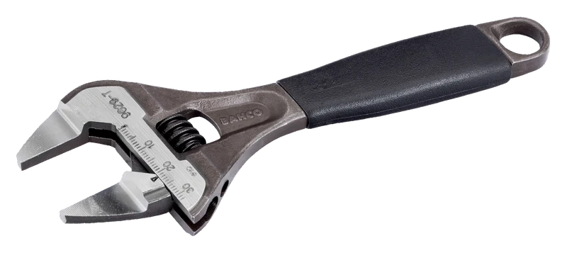 Wide-opening wrench with central nut and fine ERGO™ clamping jaw with rubber grip