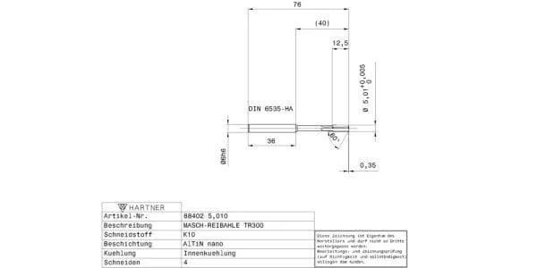 Machine reamers / Ø 5,010 mm / 0,005 / Factory standard / Solid carbide / AlTiN nano
