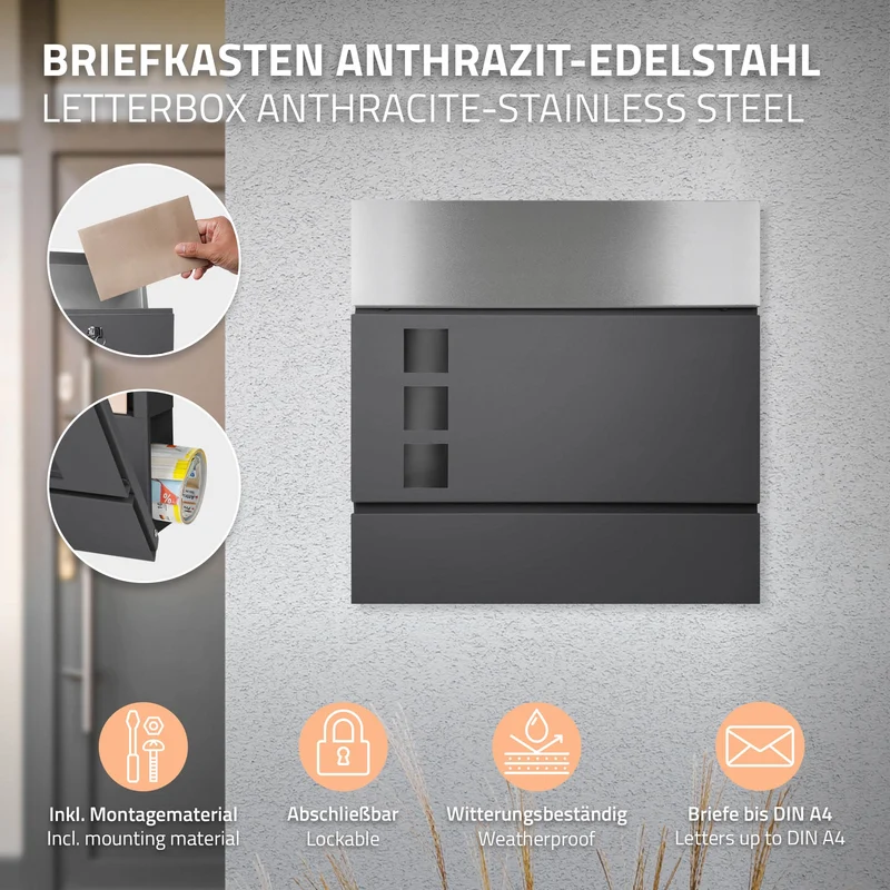 Standbriefkasten mit Zeitungsfach 37 cm Anthrazit inkl. Ständer 120 cm hoch Silber Briefkasten freistehend