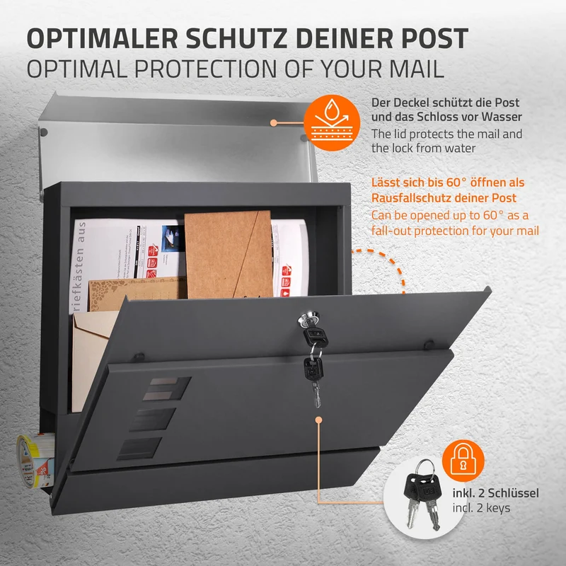 Standbriefkasten mit Zeitungsfach 37 cm Anthrazit inkl. Ständer 120 cm hoch Silber Briefkasten freistehend