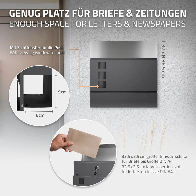 Standbriefkasten mit Zeitungsfach 37 cm Anthrazit inkl. Ständer 120 cm hoch Silber Briefkasten freistehend