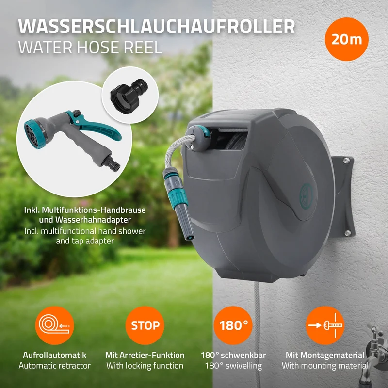 Schlauchaufroller 20m+2m Schlauchtrommel Wand-Schlauchbox RollUp mit Arretierstop und 9 Sprühfunktionen 180° Schwenkbar