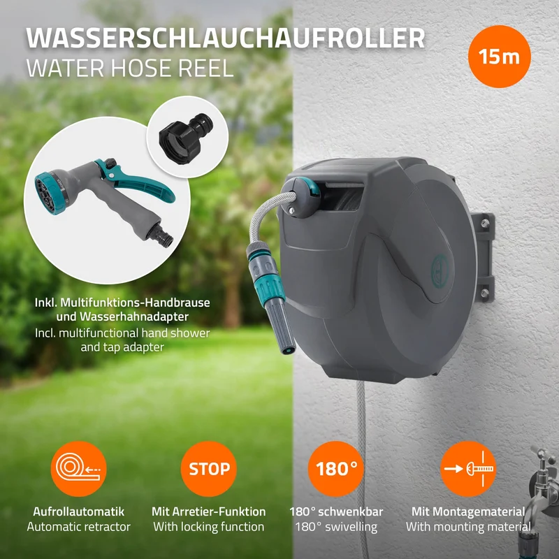 Schlauchaufroller 15m+1.5m Schlauchtrommel Wand-Schlauchbox RollUp mit Arretierstop und 9 Sprühfunktionen 180° Schwenkbar