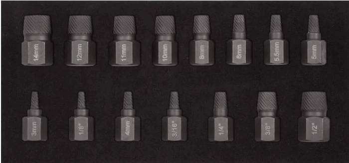 15-piece spiral screw extractor set, hex drive