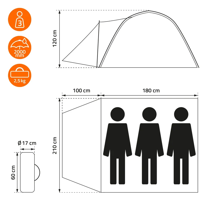 Camping Zelt für 2-3 Personen 210x180x120 cm Beige-Grau Kuppelzelt Iglu-Zelt mit verschließbarem Vorraum