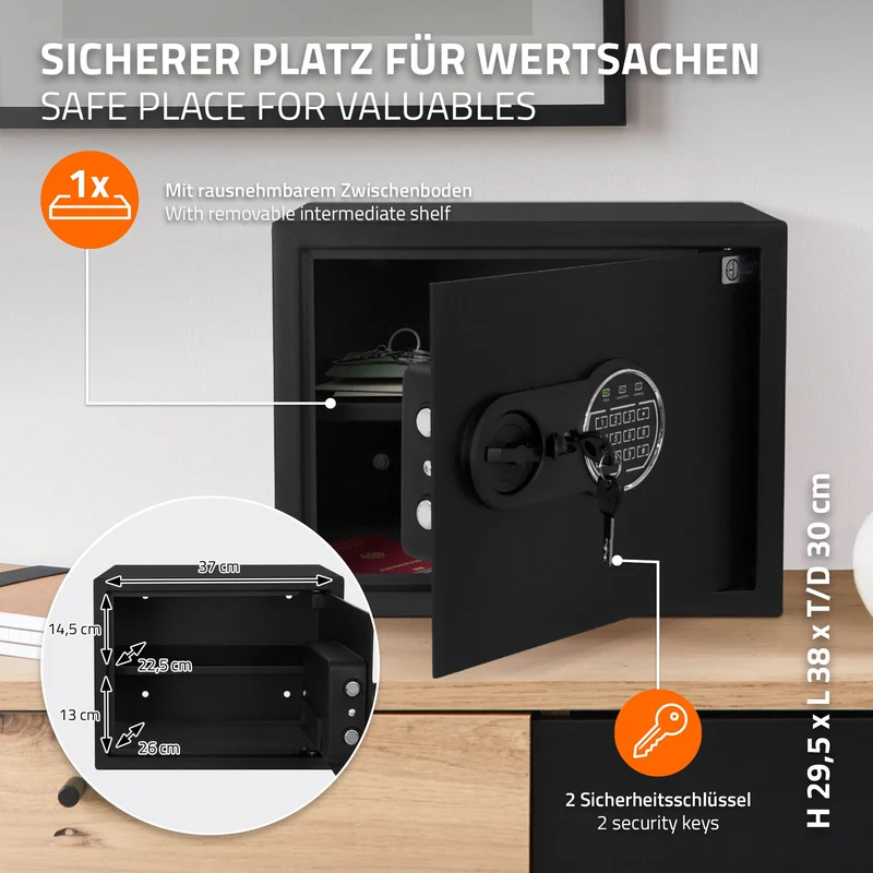 B-Ware Safe Tresor 27L aus Stahl mit Elektronikschloss und Notschlüsseln Rundbolzenverschluss