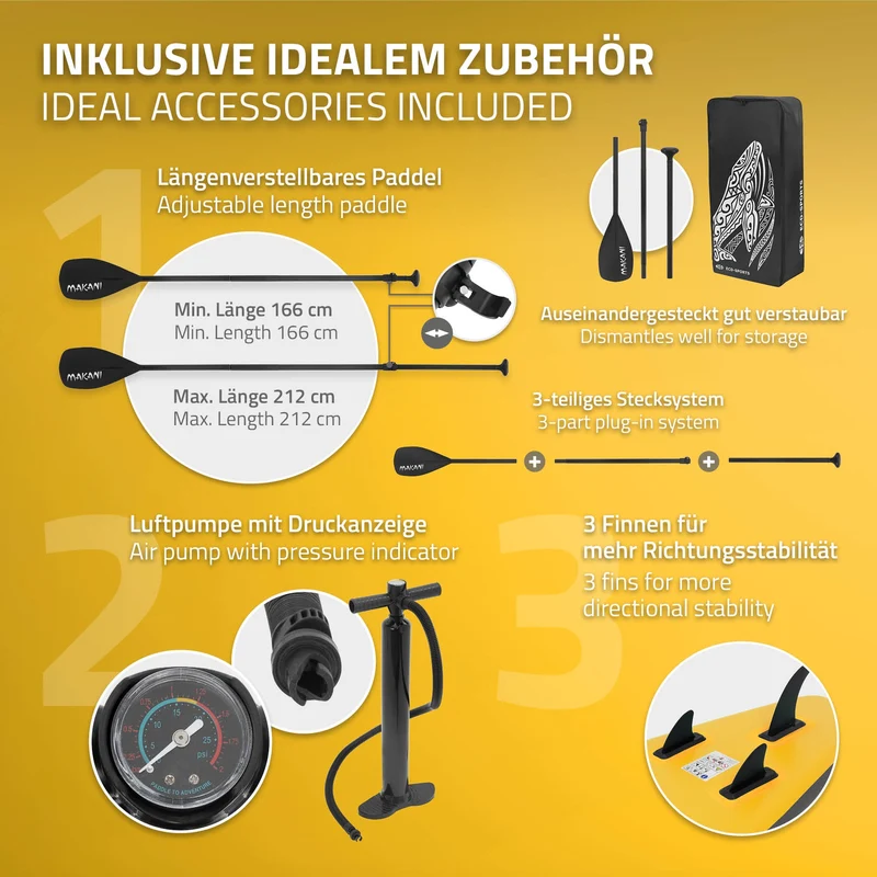 Stand Up Paddle aufblasbares SUP Board Makani 320x80x15 cm in Gelb aus PVC inkl. Pumpe und Tragetasche