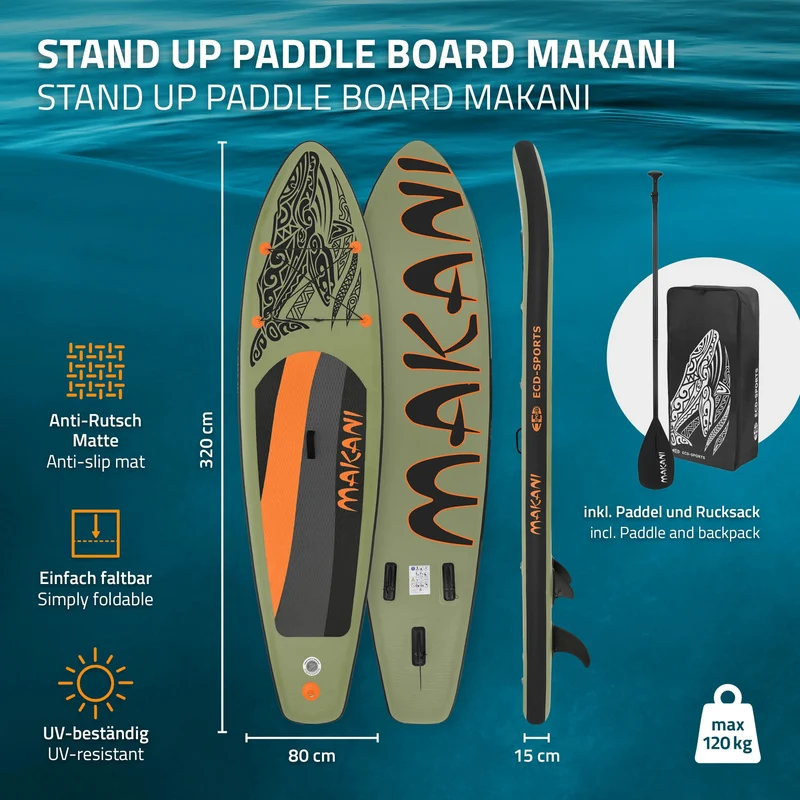 Stand Up Paddle aufblasbares SUP Board Makani 320x80x15 cm in Olive aus PVC inkl. Pumpe und Tragetasche