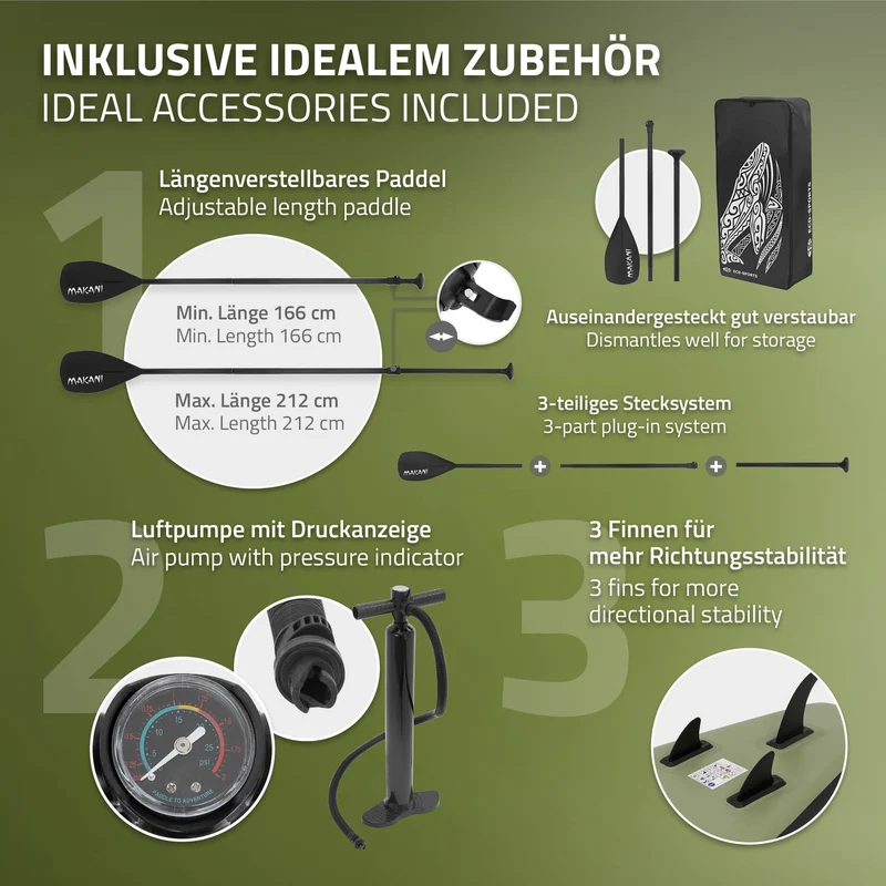 Stand Up Paddle aufblasbares SUP Board Makani 320x80x15 cm in Olive aus PVC inkl. Pumpe und Tragetasche