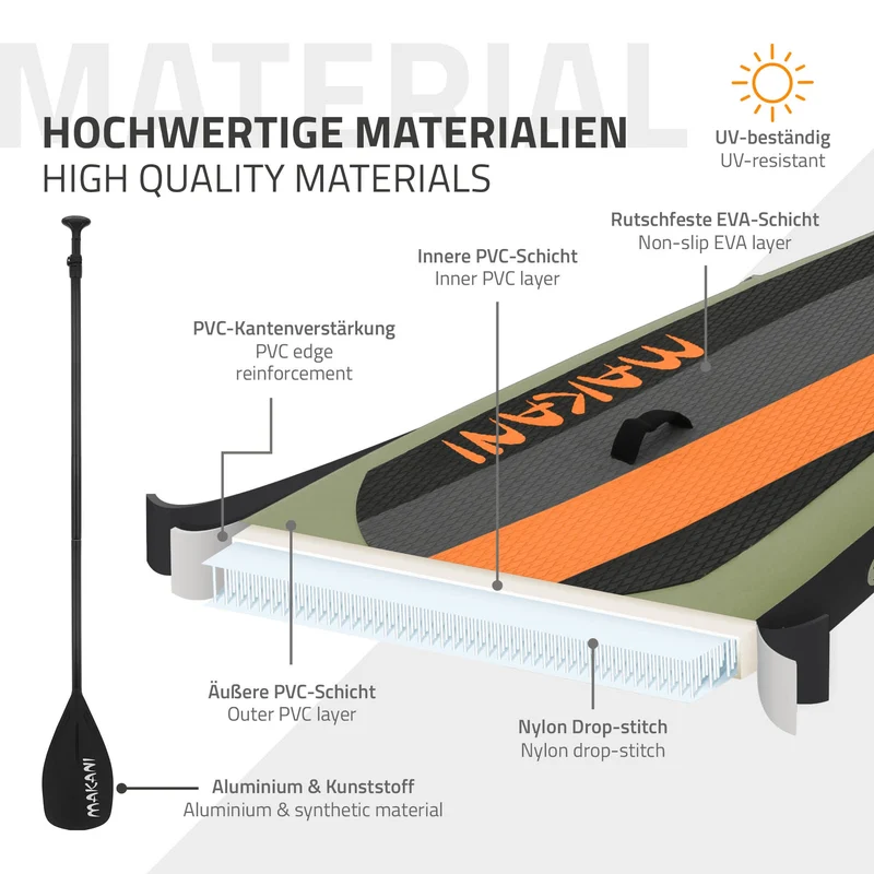 Stand Up Paddle aufblasbares SUP Board Makani 320x80x15 cm in Olive aus PVC inkl. Pumpe und Tragetasche