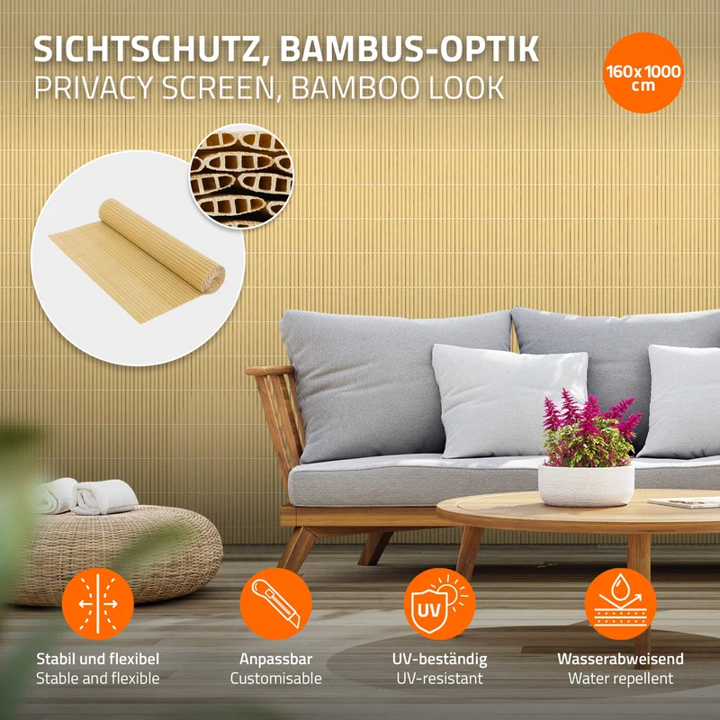Sichtschutzmatte 160x1000 cm Sichtschutzzaun Windschutz Balkonschutz PVC Bambus UV-beständig