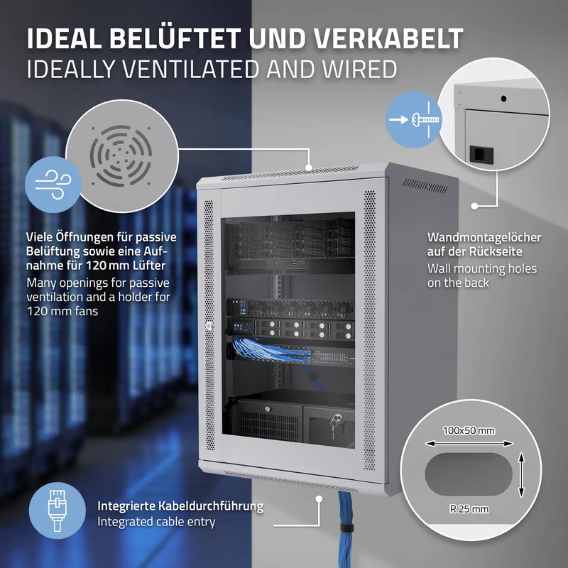 Netzwerkschrank 16 HE 19 Zoll Grau 450 mm Tiefe, 600 x 850 x 450 mm Traglast 60 kg