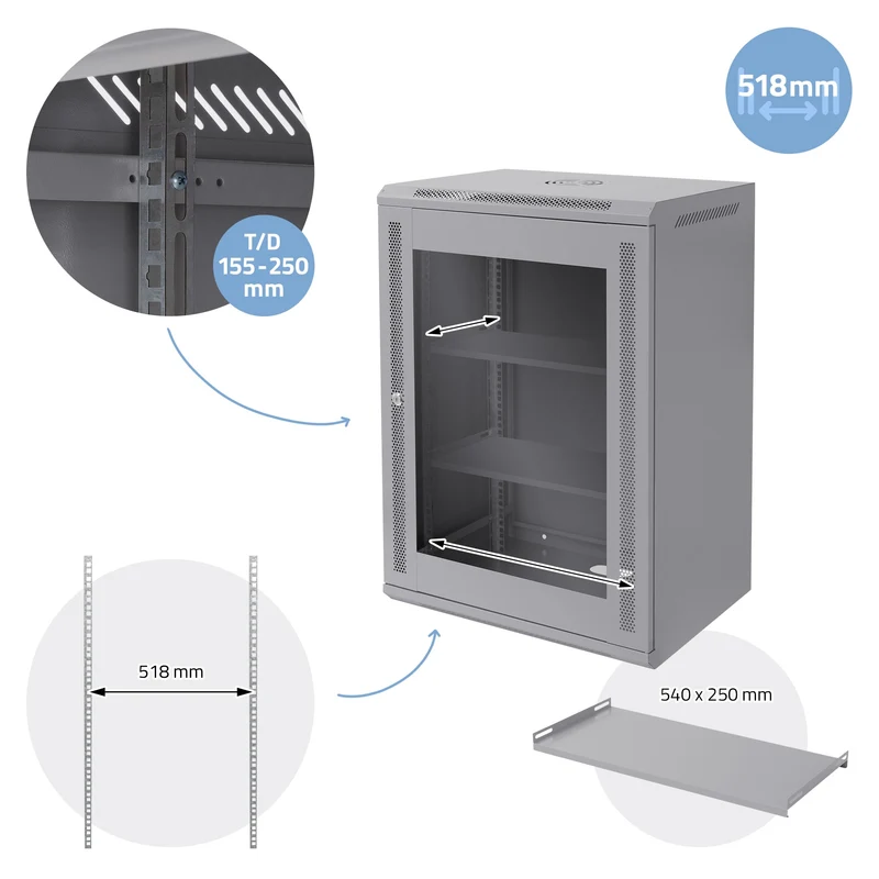 Netzwerkschrank 16 HE 19 Zoll Grau 450 mm Tiefe, 600 x 850 x 450 mm Traglast 60 kg
