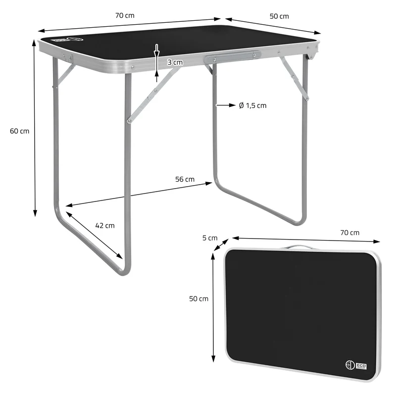 Campingtisch klappbar 70x50x60 cm Schwarz aus Aluminium