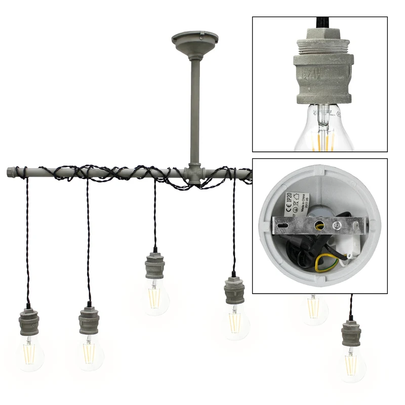 Hängelampe 6 flammig E27 Fassung 43 cm Beton-Optik aus Metall