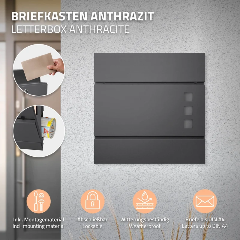 Briefkasten mit Zeitungsfach 37x36,5x10,5 cm Anthrazit aus Stahl
