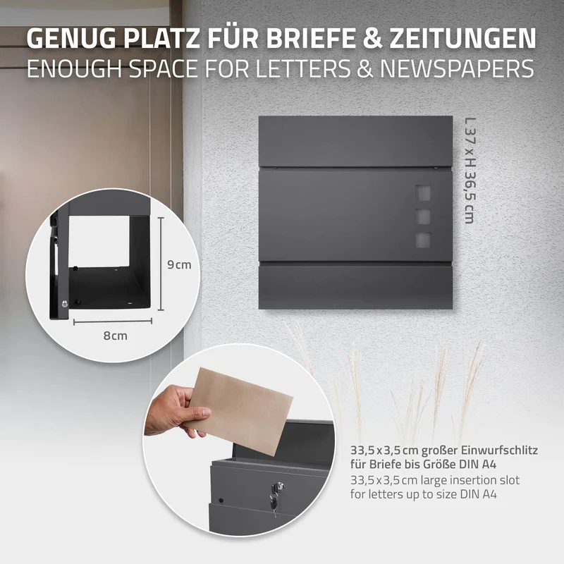 Briefkasten mit Zeitungsfach 37x36,5x10,5 cm Anthrazit aus Stahl