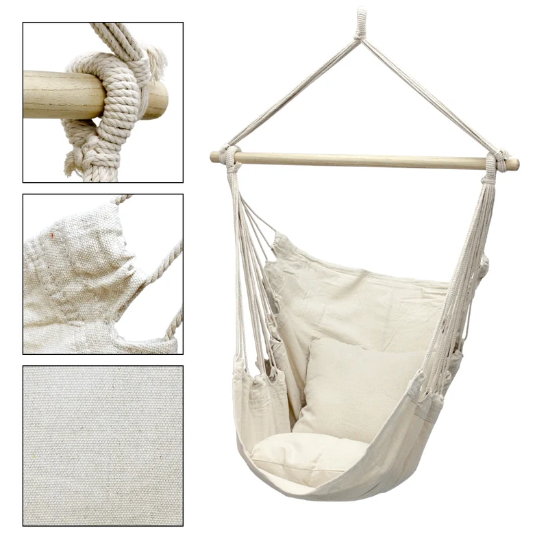 Hängesessel mit zwei Kissen 90x120x60 cm Beige aus Baumwolle belastbar bis 120 kg